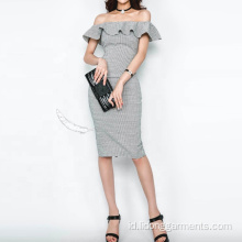 Off shoulder ruffle ramping gaun pesta klub ramping wanita